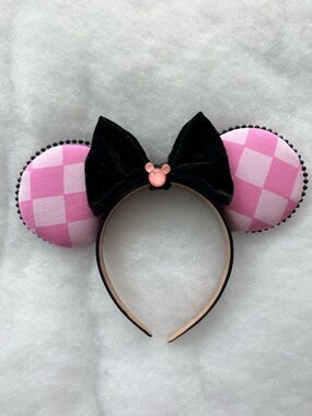 Pink Check checkered Minnie Ears Black Velvet Bow Disney Headband Mickey mouse